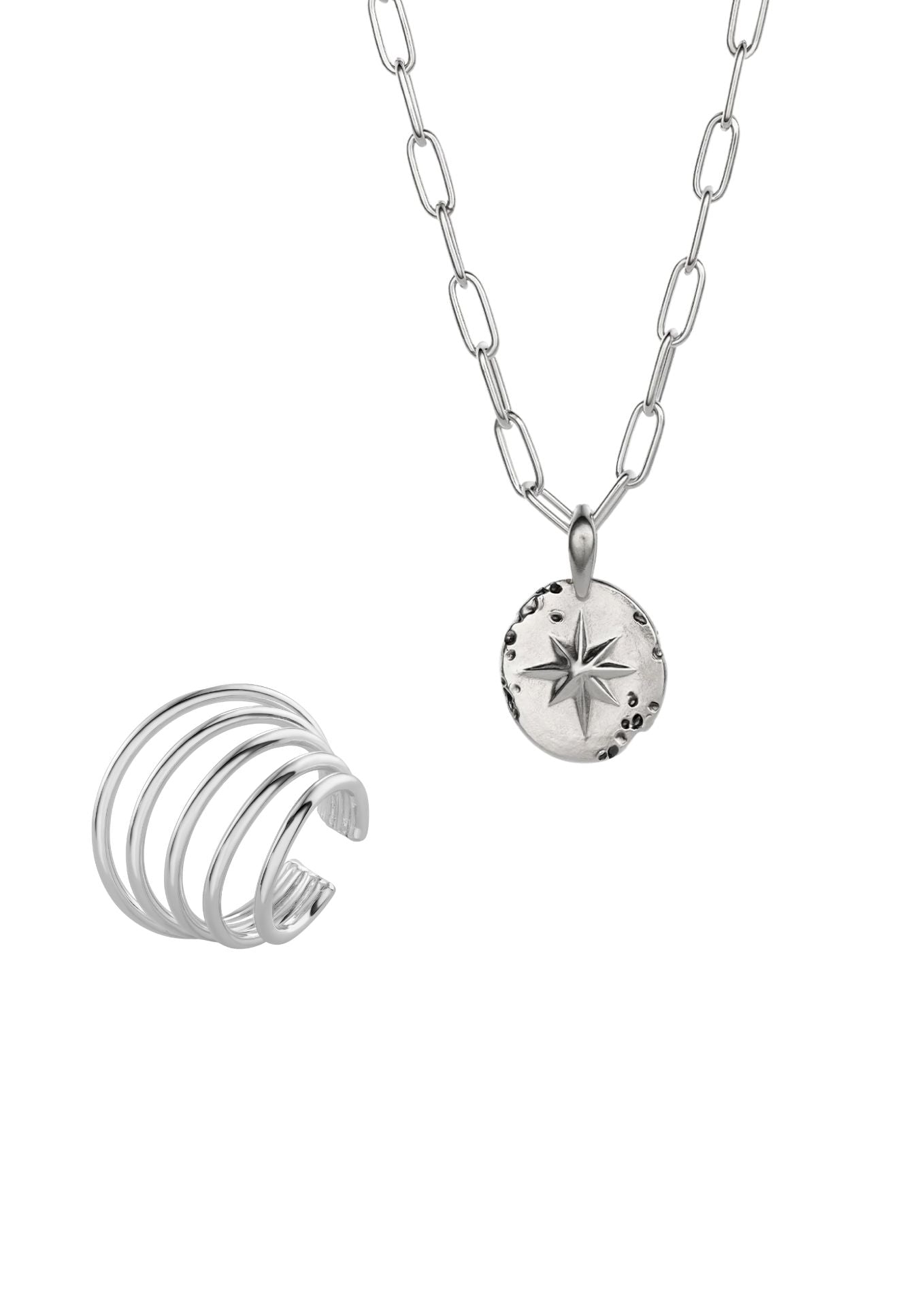 no more accessories silver stack of Future Ear Cuff and Star Signet Paper Clip Necklace