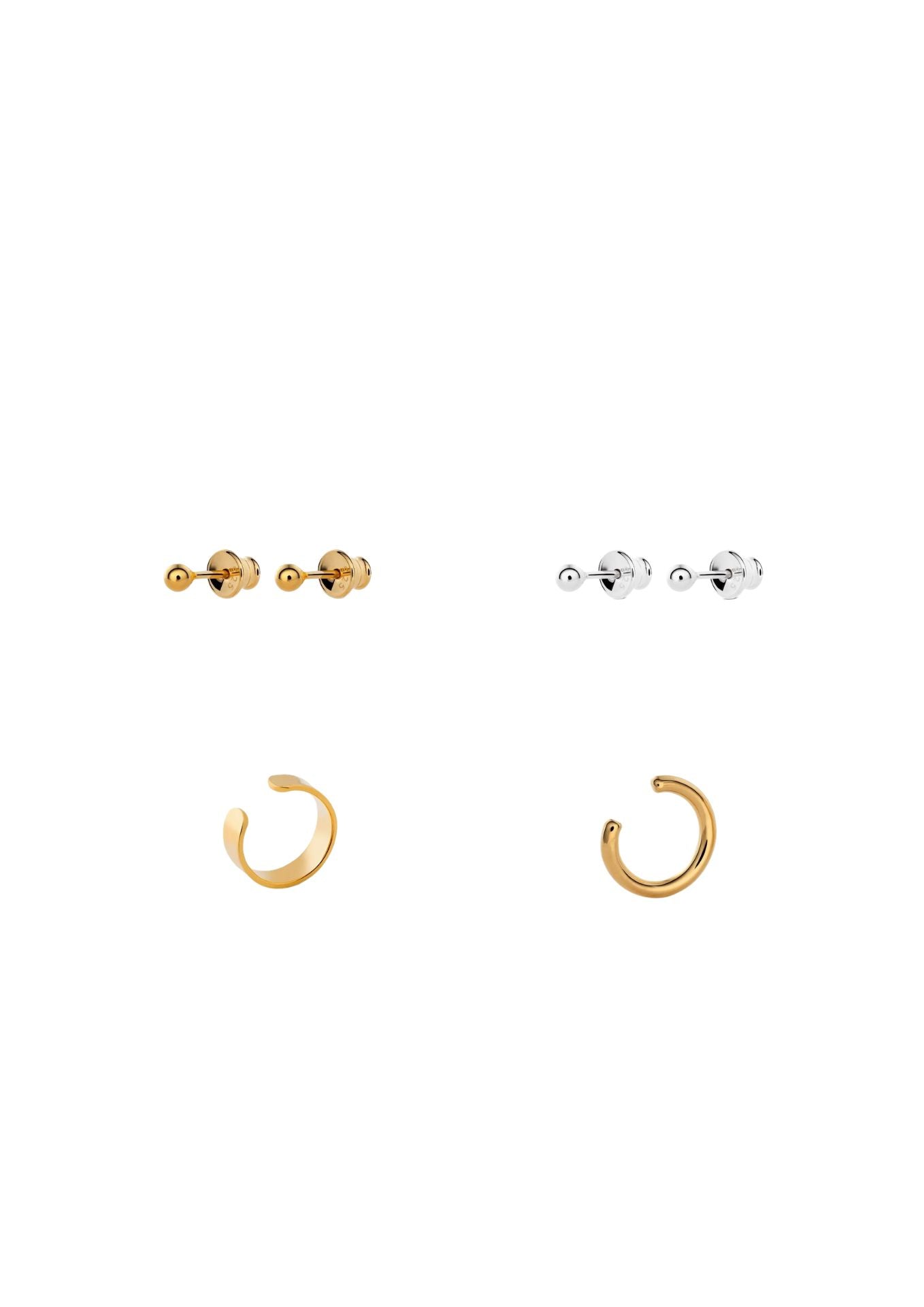 no more accessories Ula stack 1 - the stack includes Pin Up Earrings in Silver, Pin Up Earrings in Gold, Flat Ear Cuff Gold, Line Ear Cuff Gold.