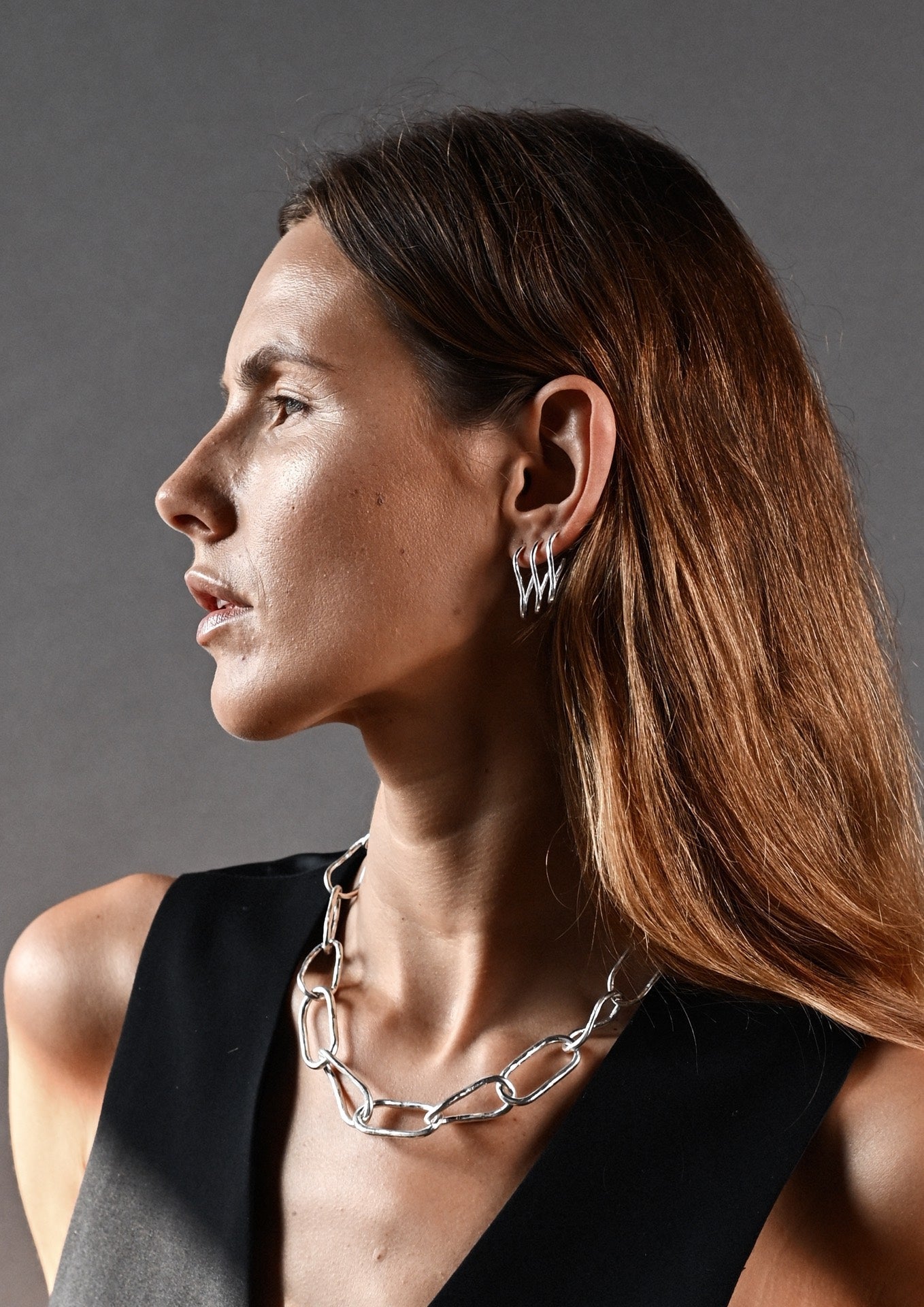 Hammered Chain Link Earrings Set Silver - NO MORE ACCESSORIES